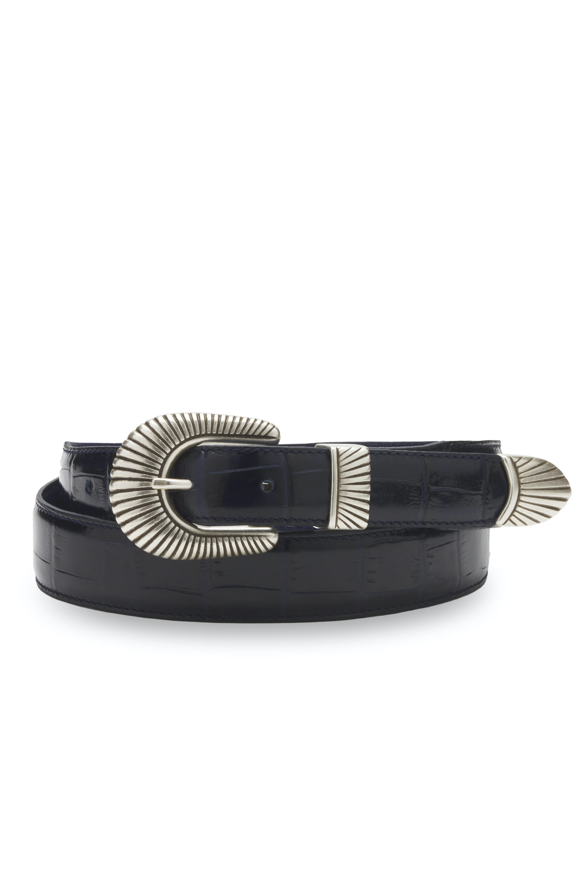 ceinture bleu nuit cuir impression crocodile boucle argent