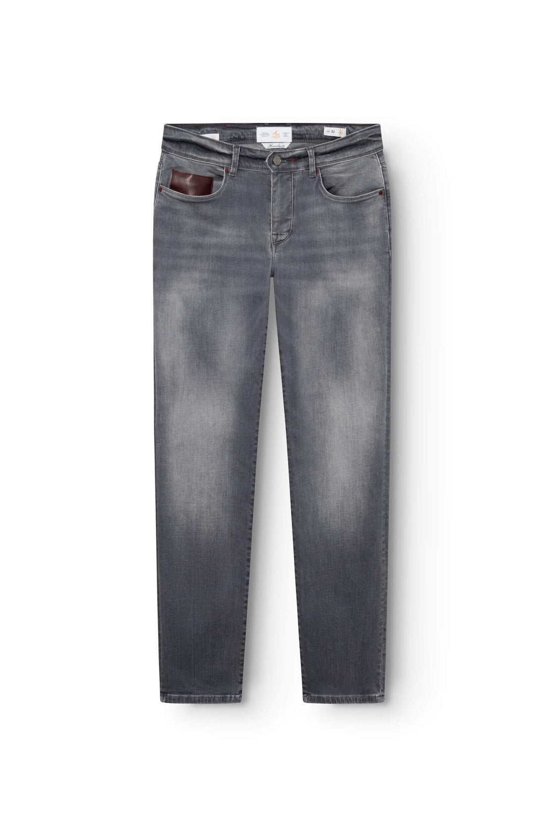 jeans gris en coton avec patch en cuir bordeaux