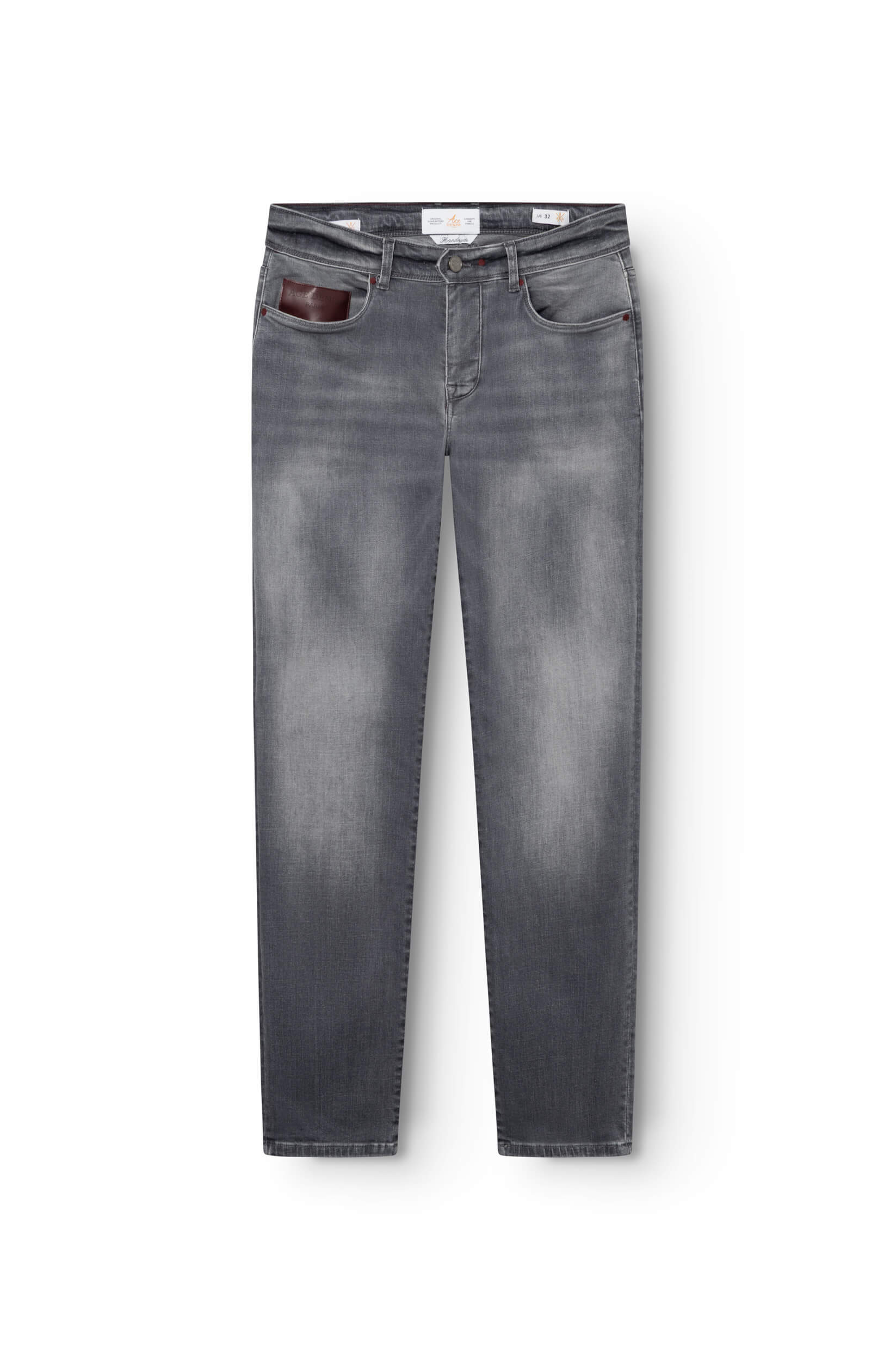 jeans gris en coton avec patch en cuir bordeaux