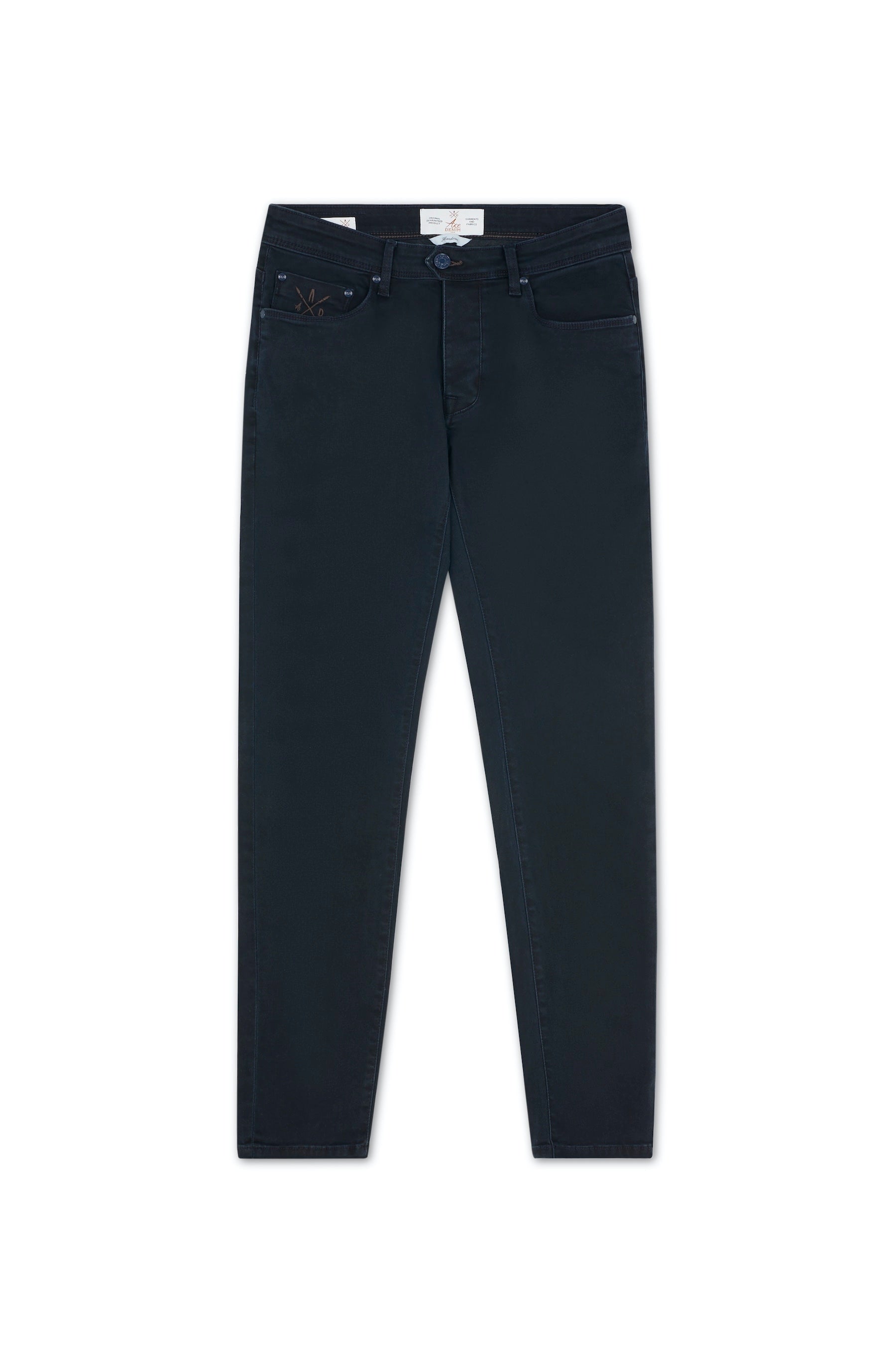 men's midnight blue slim stretch jeans with brown details