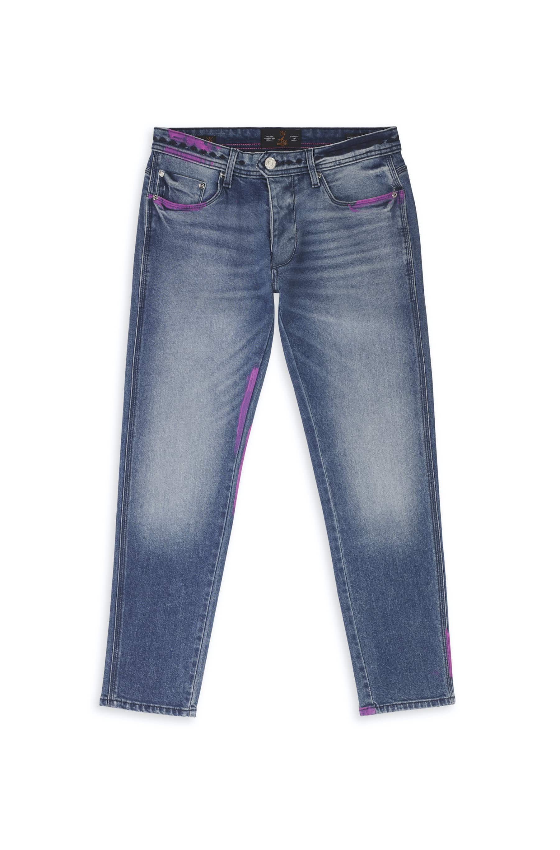 jeans homme bleu teinté rose motifs