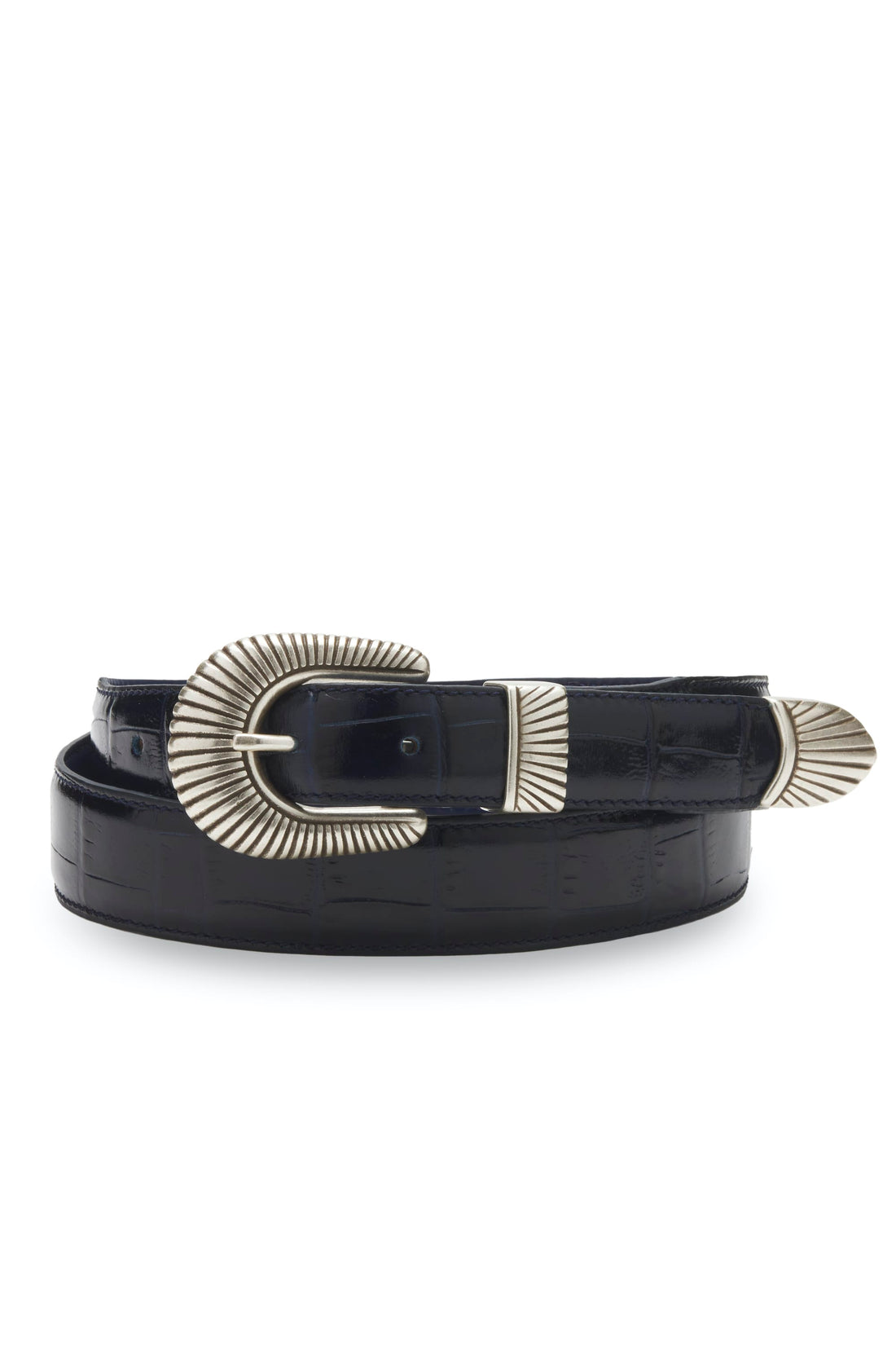 ceinture bleu nuit cuir impression crocodile boucle argent