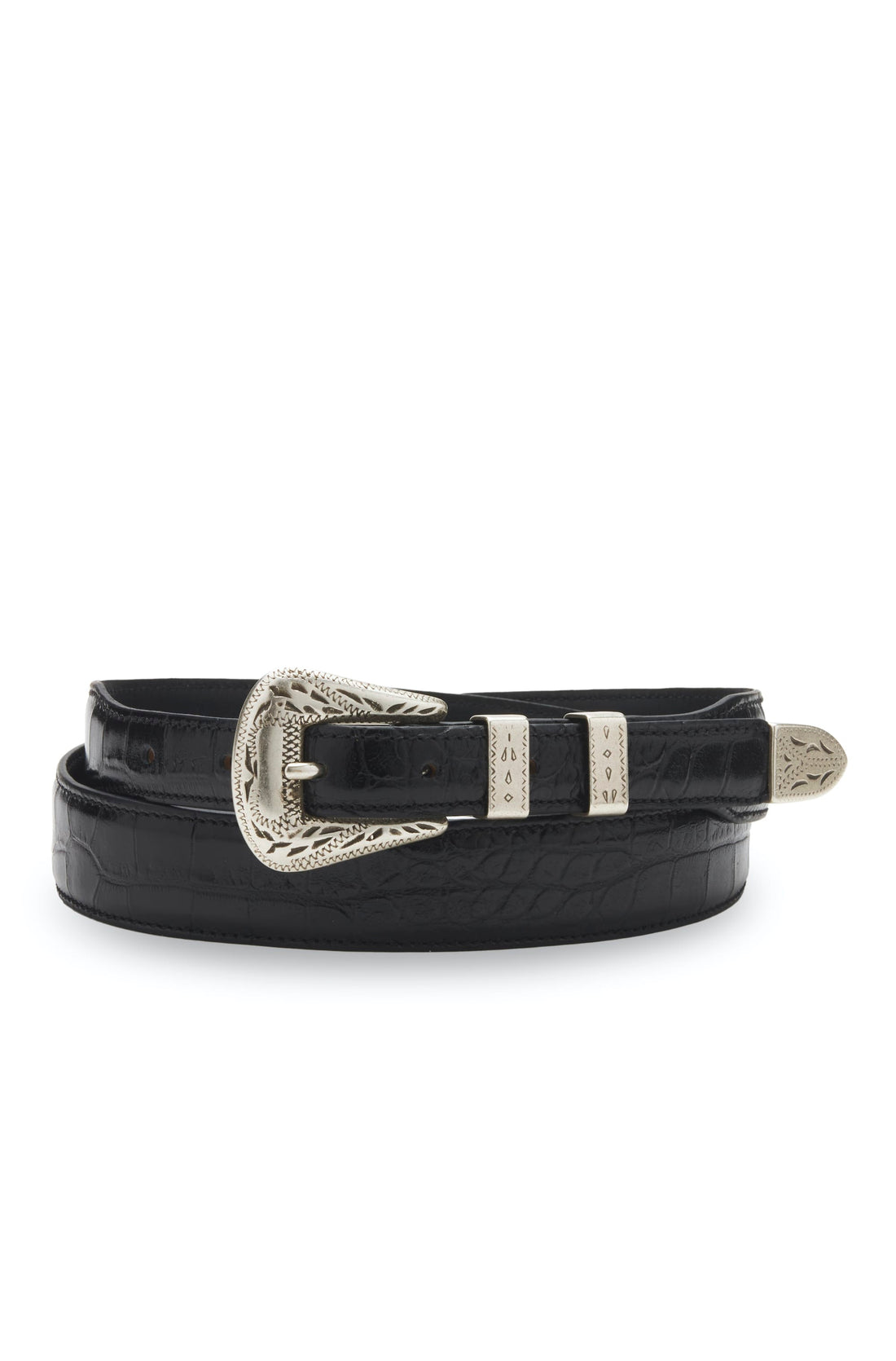 ceinture noir cuir impression crocodile boucle argent motifs western