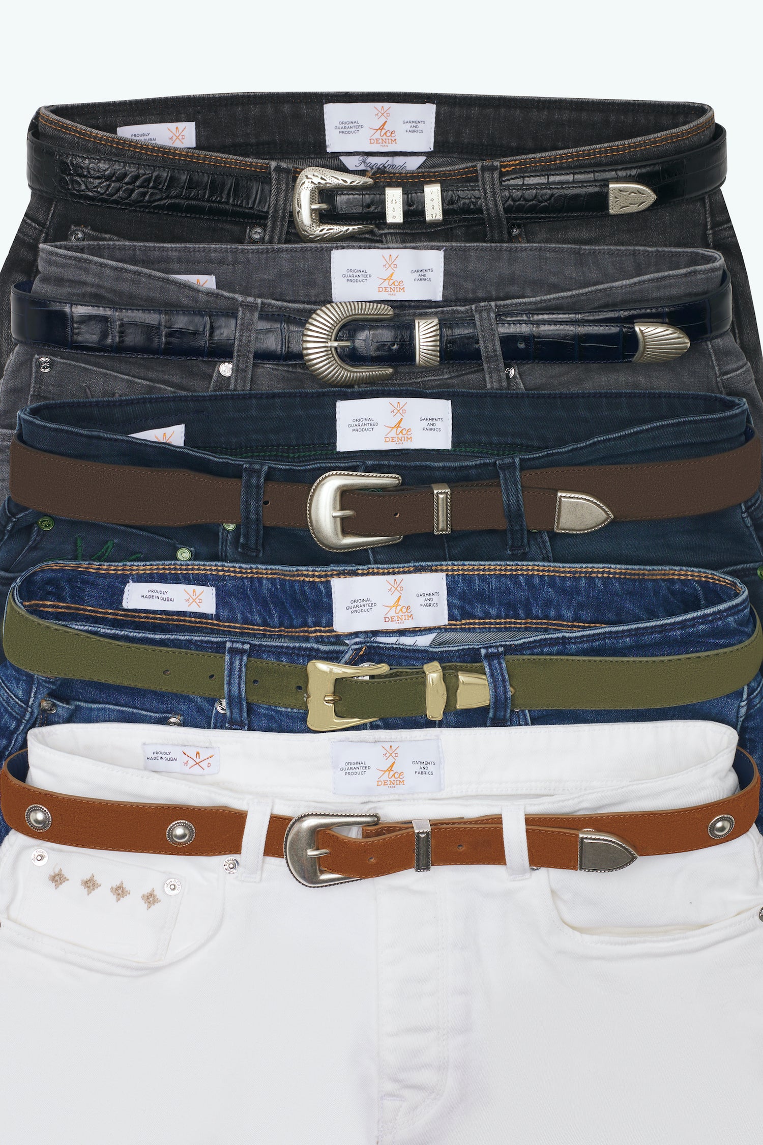 Composition des différentes ceintures en cuir pour homme et femme de la marque Ace Denim Paris