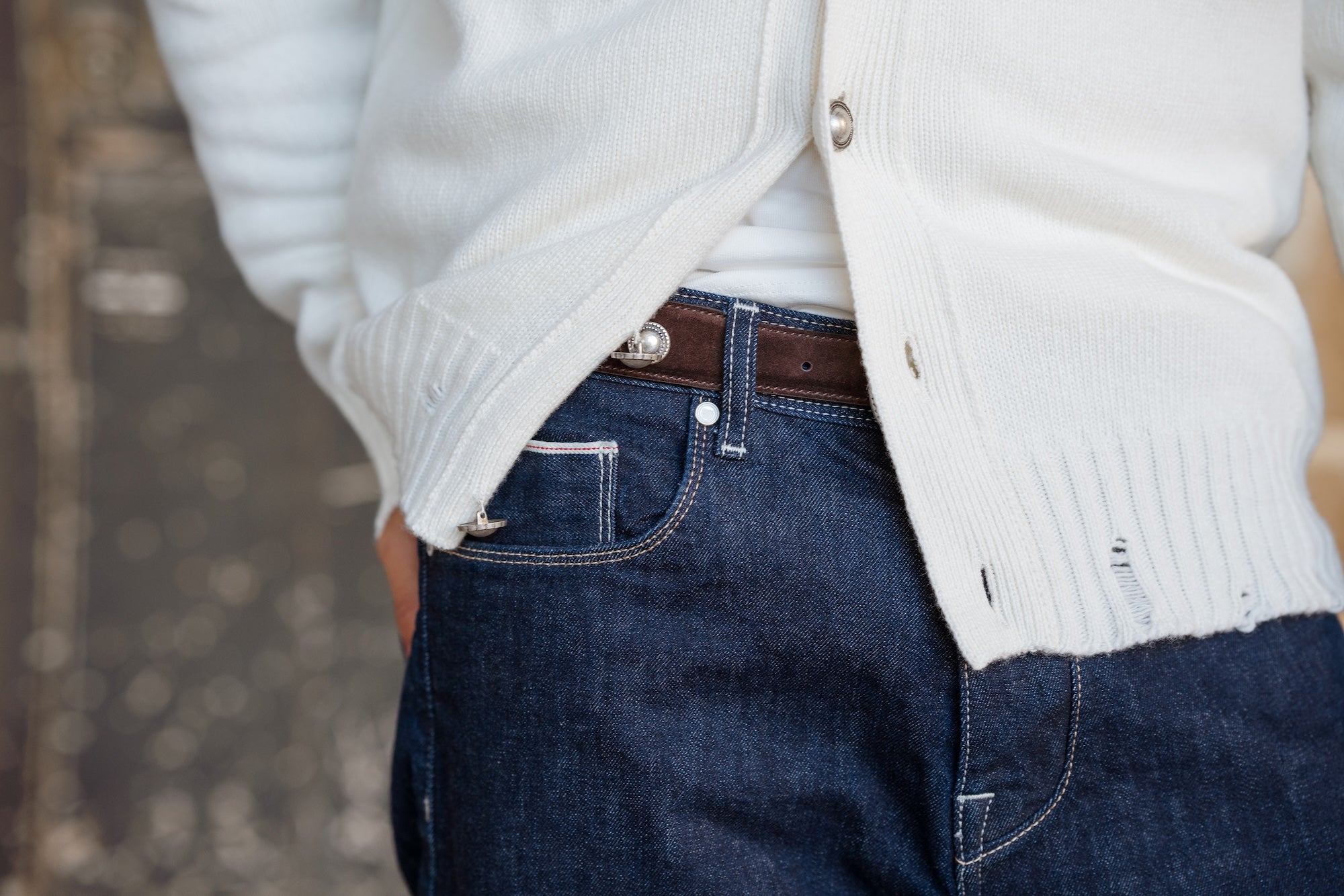 male model wearing white cardigan and japan denim brut