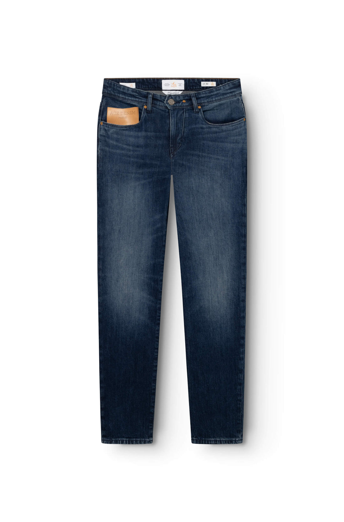 Jeans bleu en coton avec patch en cuir beige