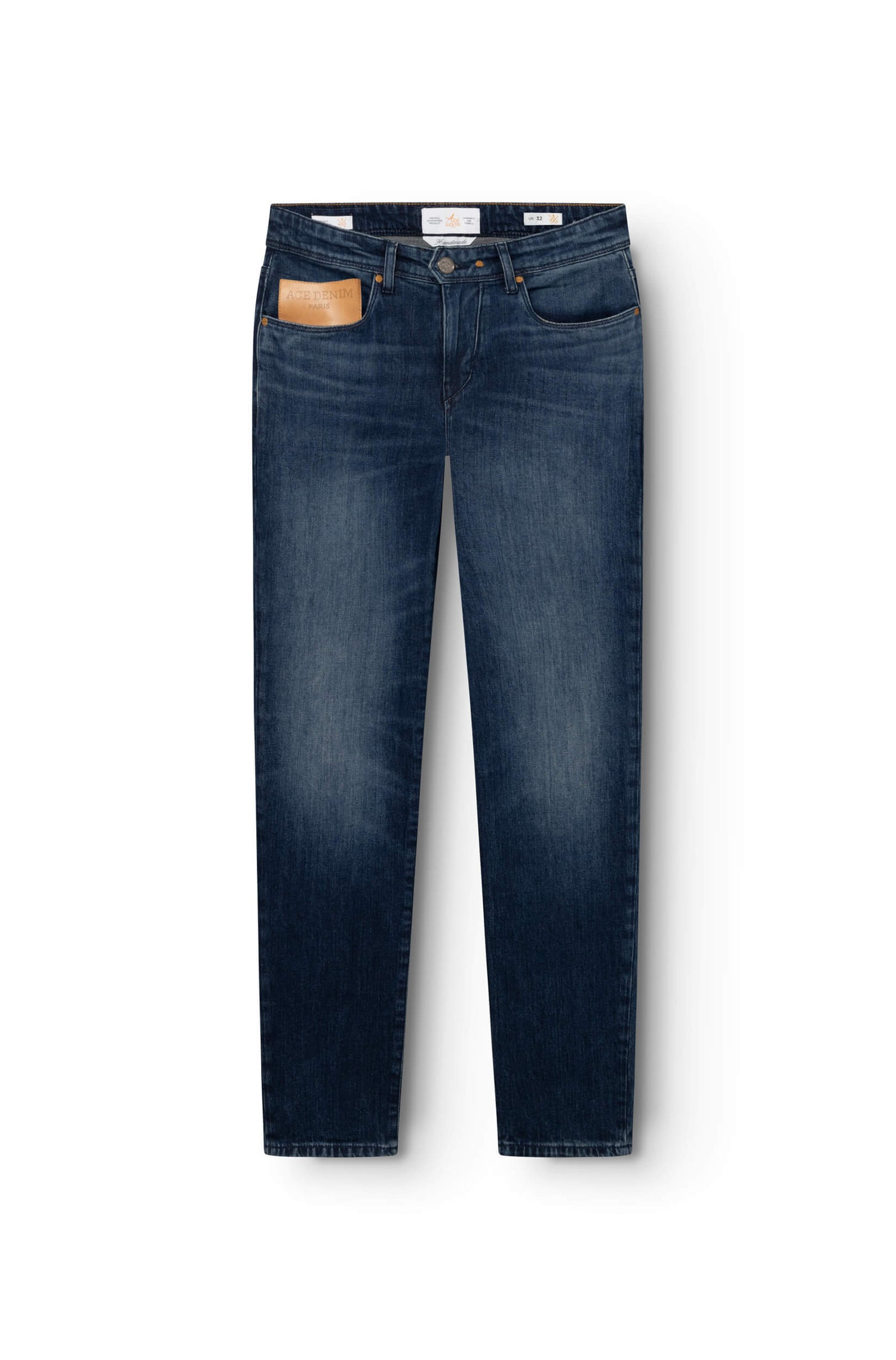 Jeans bleu en coton avec patch en cuir beige