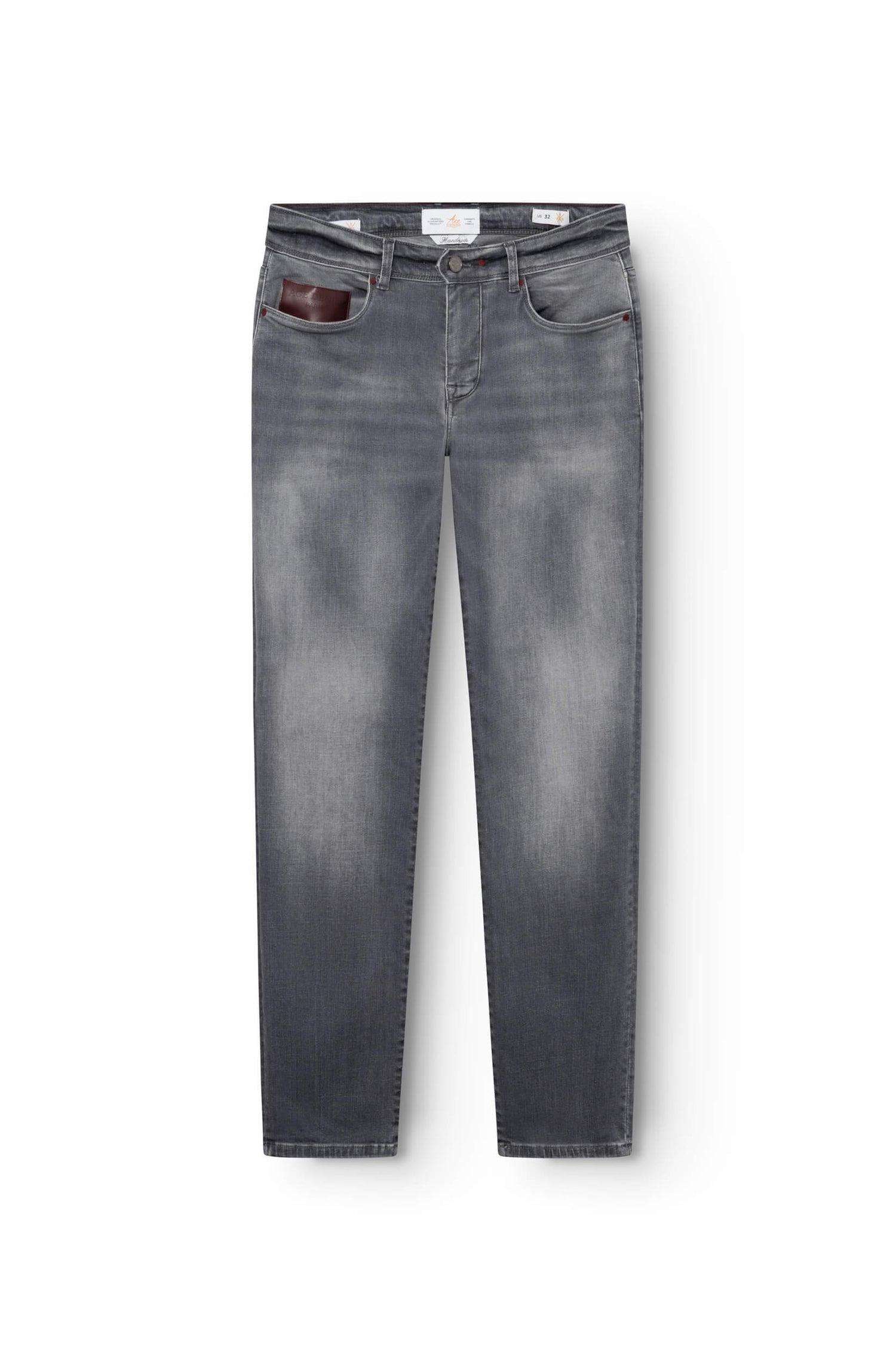 jeans gris en coton avec patch en cuir bordeaux