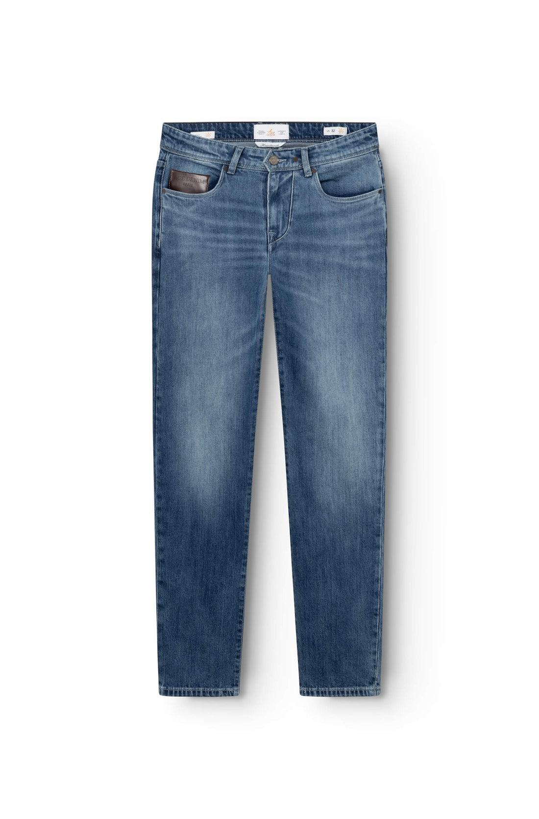jeans bleu clair en coton avec patch en cuir marron