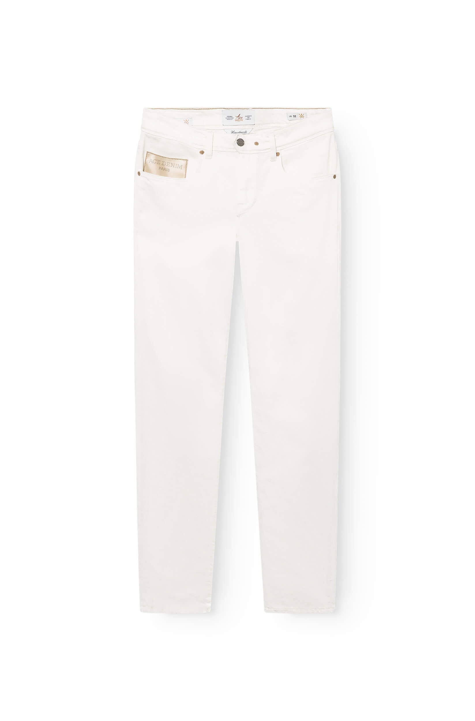 jeans en coton blanc cassé avec patch en cuir 