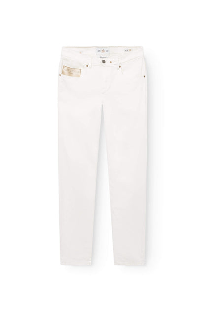 jeans en coton blanc cassé avec patch en cuir 