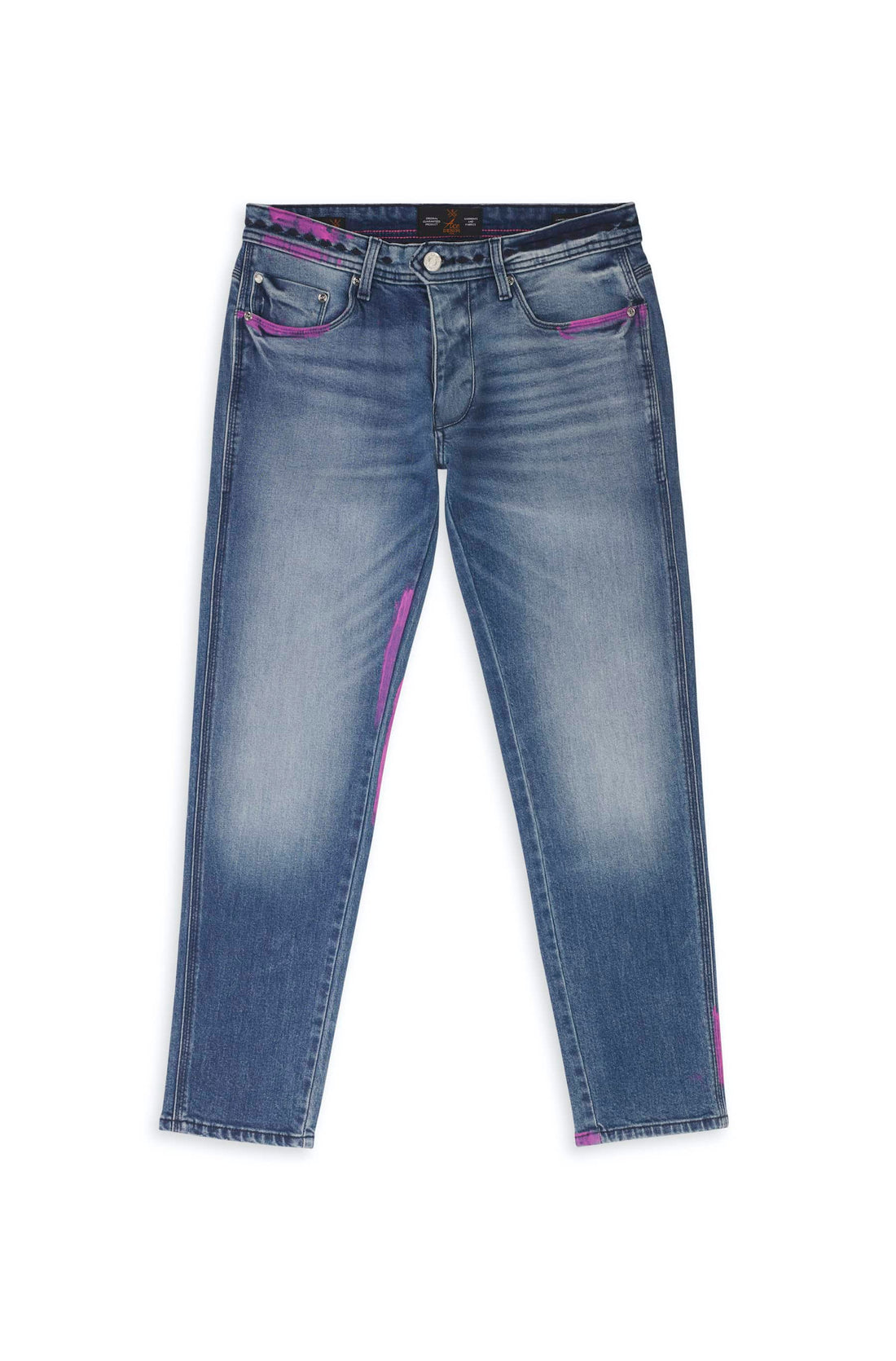 jeans homme bleu teinté rose motifs