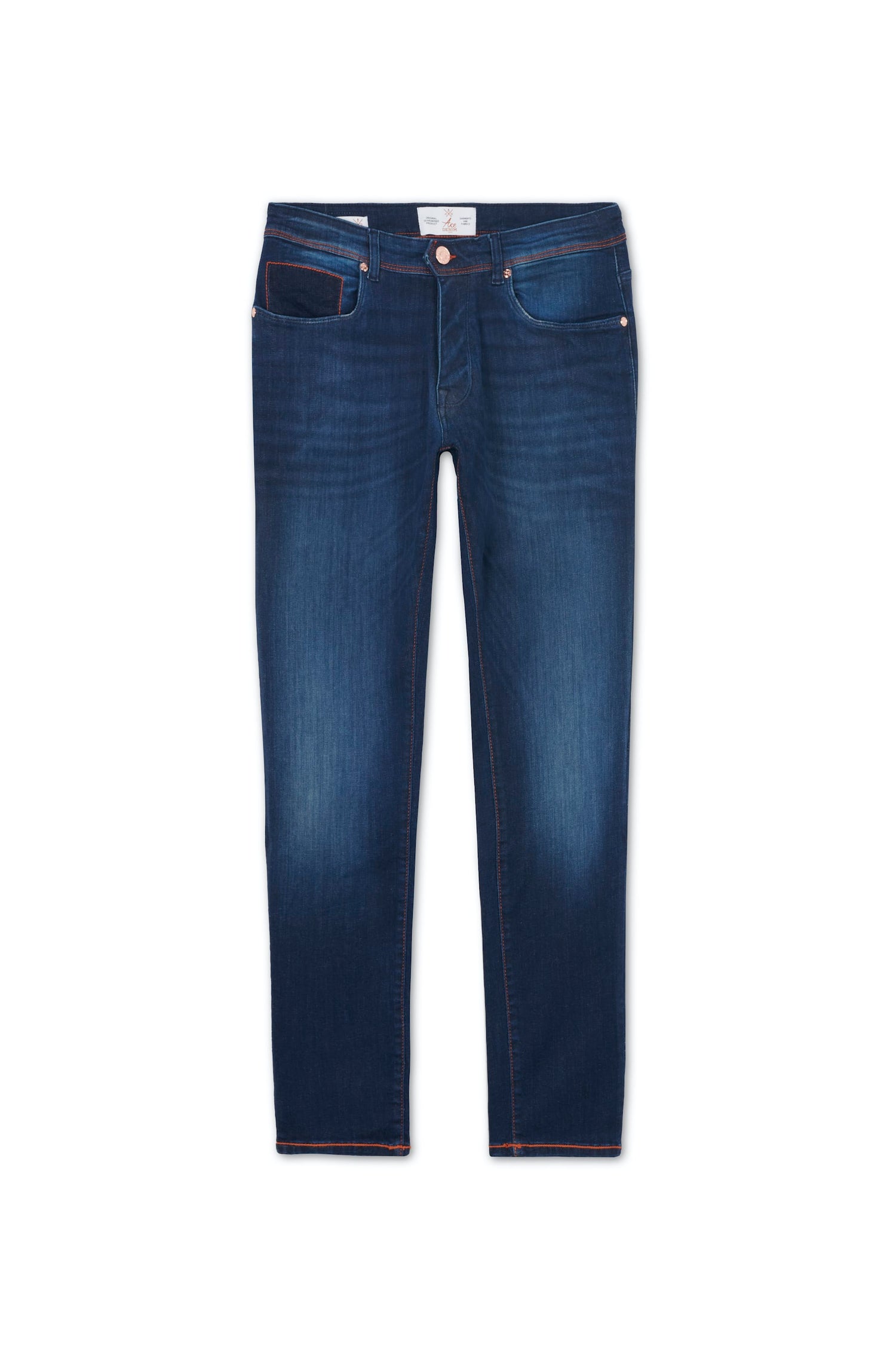 jeans homme coupe slim bleu foncé details orange