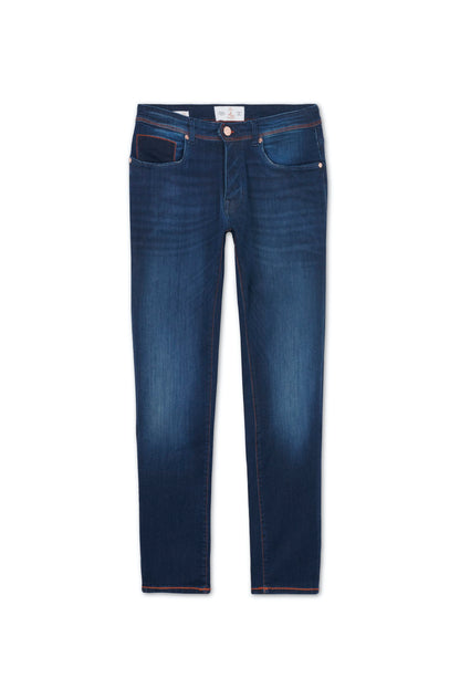 jeans homme coupe slim bleu foncé details orange