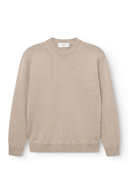 Pull à col rond en laine mérinos beige fabriqué en france