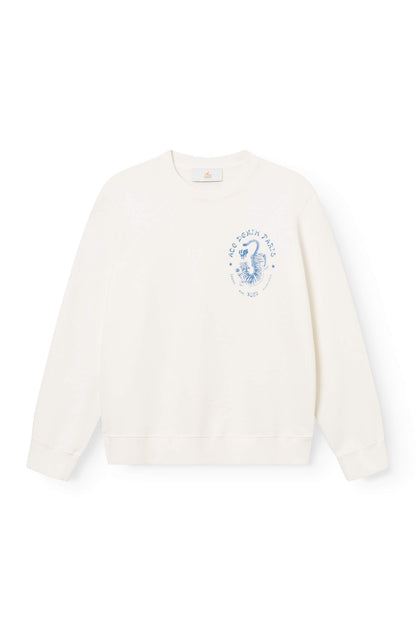 Vue de face du sweat-shirt en coton blanc cassé teint artisanalement et imprimé tigre ace Paris