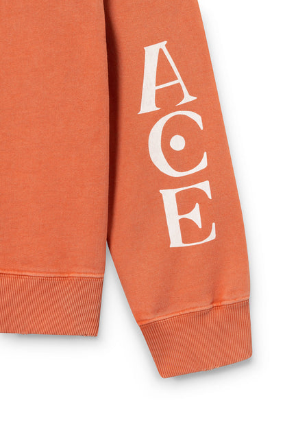 Zoom sur la manche du sweat-shirt en coton orange teint artisanalement et imprimé tigre ace Paris